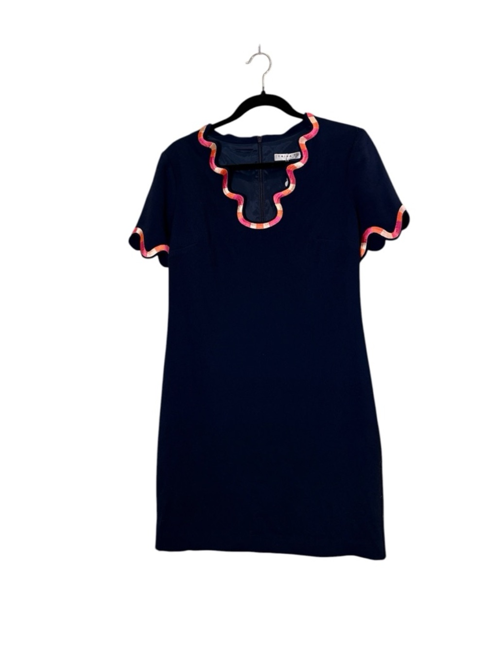 Trina Turk Women’s Classic Navy Shift Dress with Pink & Coral Scalloped Trim